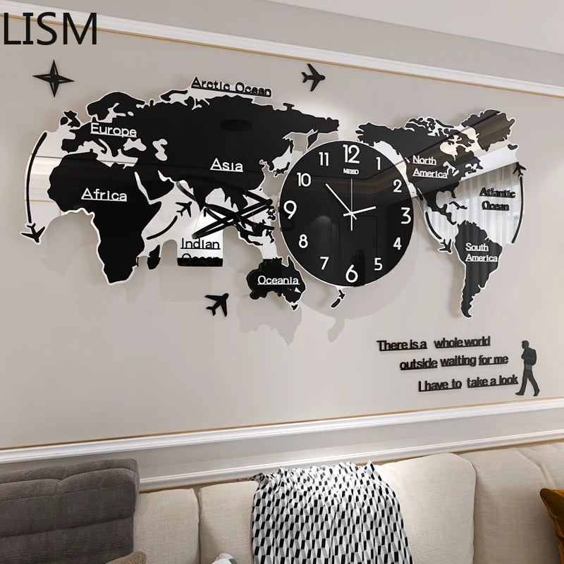 Creative World Map Large Luxury Wall Clock Modern Design Living Room Acrylic 3d Home Decor Silent Wall Clcok Reloj De Pared 2020