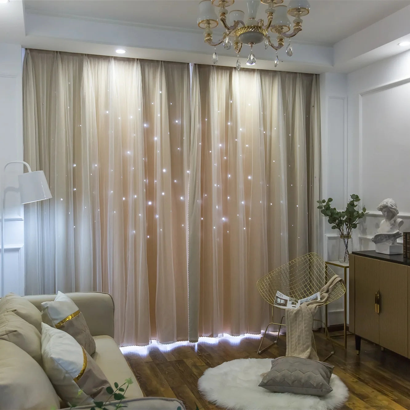 Custom Made Bright Double Layer Blackout Star Hollow Curtains with Lace Tulle Fabric for Home Living Room Bedroom Window Decor