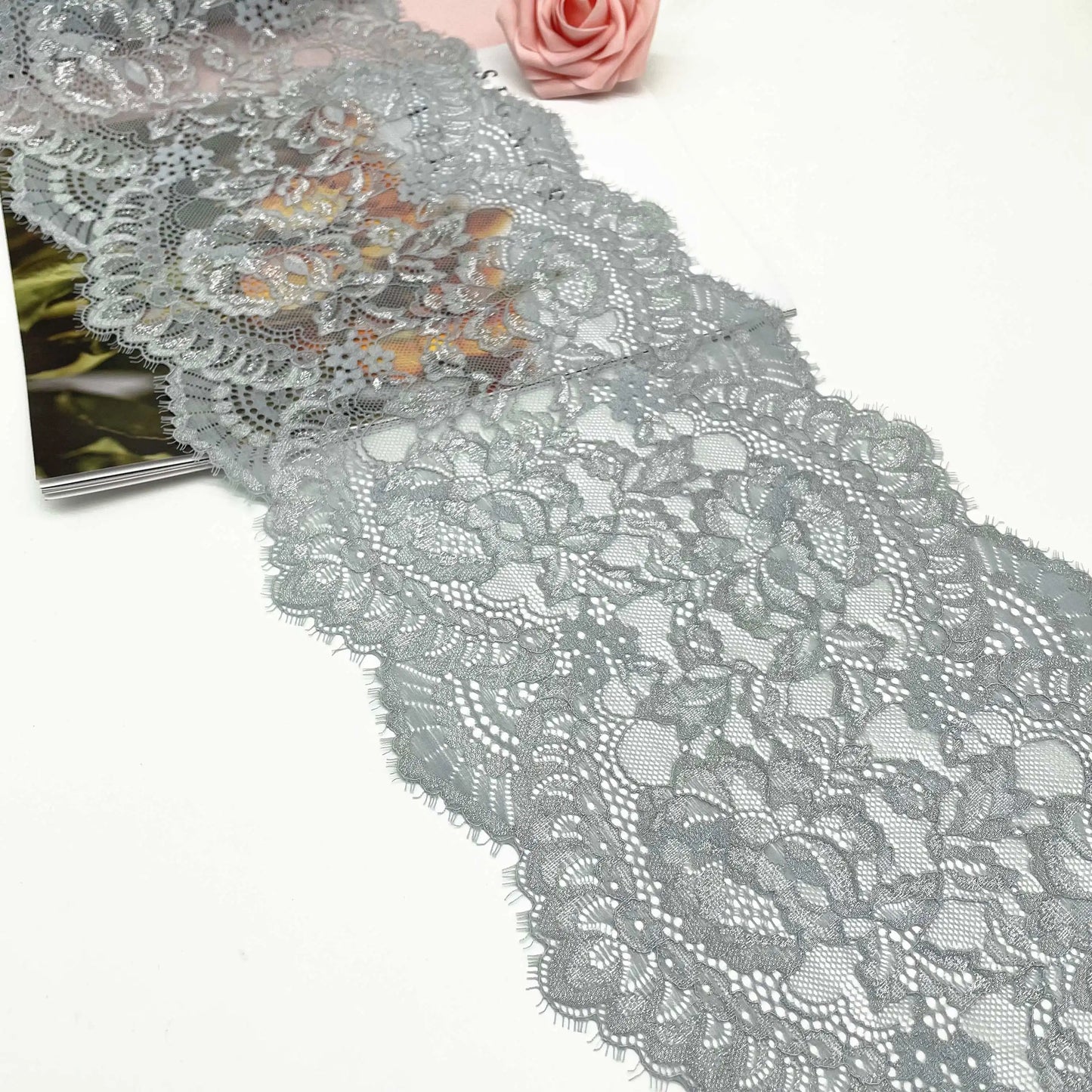 3y/lot 22.50cm Shiny Grey Purple Teal Blue Eyelash Elastic Lace Trim With Shimmer Trimming Garment Accessory DIY Material Fabric