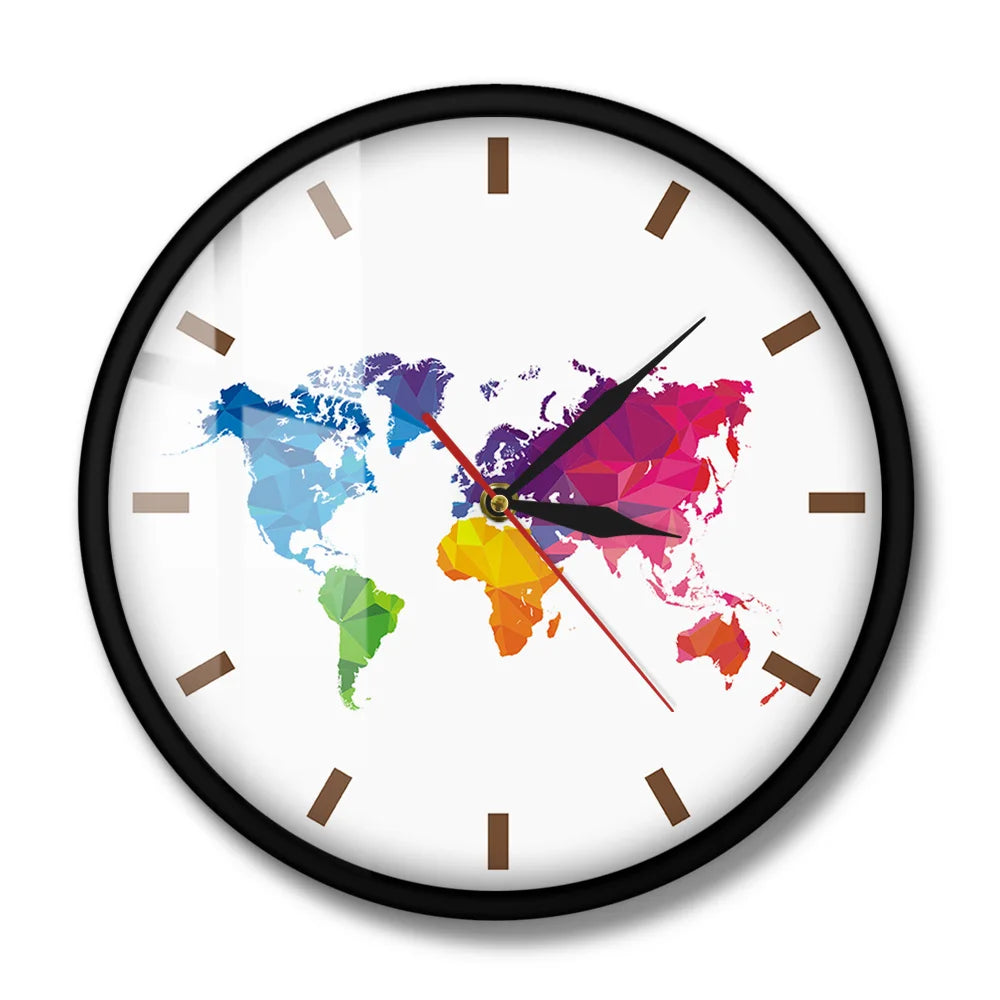 Einzigartige bunte Weltkarte-Wanduhr, geräuschloses Uhrwerk, moderne dekorative Wanduhr, geometrische Wandkunst, Einweihungsgeschenk für Reisende