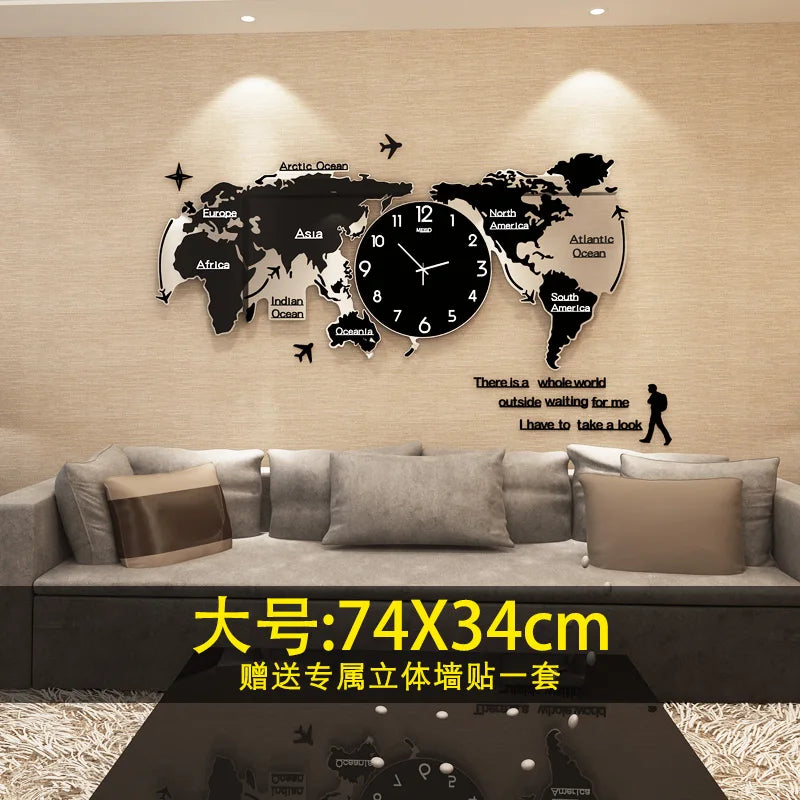 Creative World Map Large Luxury Wall Clock Modern Design Living Room Acrylic 3d Home Decor Silent Wall Clcok Reloj De Pared 2020