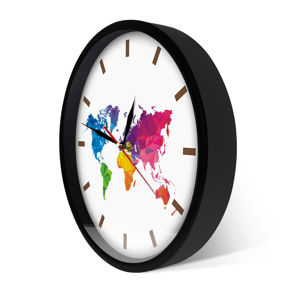 Einzigartige bunte Weltkarte-Wanduhr, geräuschloses Uhrwerk, moderne dekorative Wanduhr, geometrische Wandkunst, Einweihungsgeschenk für Reisende