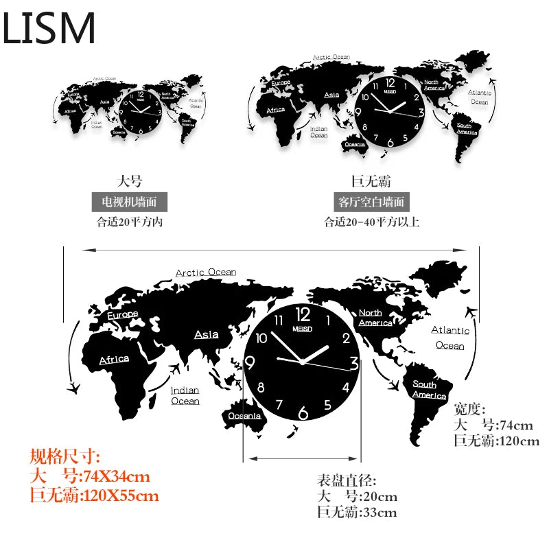 Creative World Map Large Luxury Wall Clock Modern Design Living Room Acrylic 3d Home Decor Silent Wall Clcok Reloj De Pared 2020