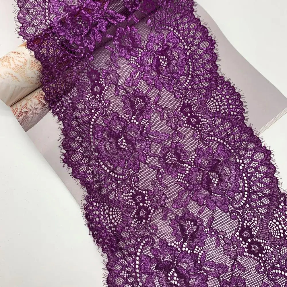3y/lot 22.50cm Shiny Grey Purple Teal Blue Eyelash Elastic Lace Trim With Shimmer Trimming Garment Accessory DIY Material Fabric