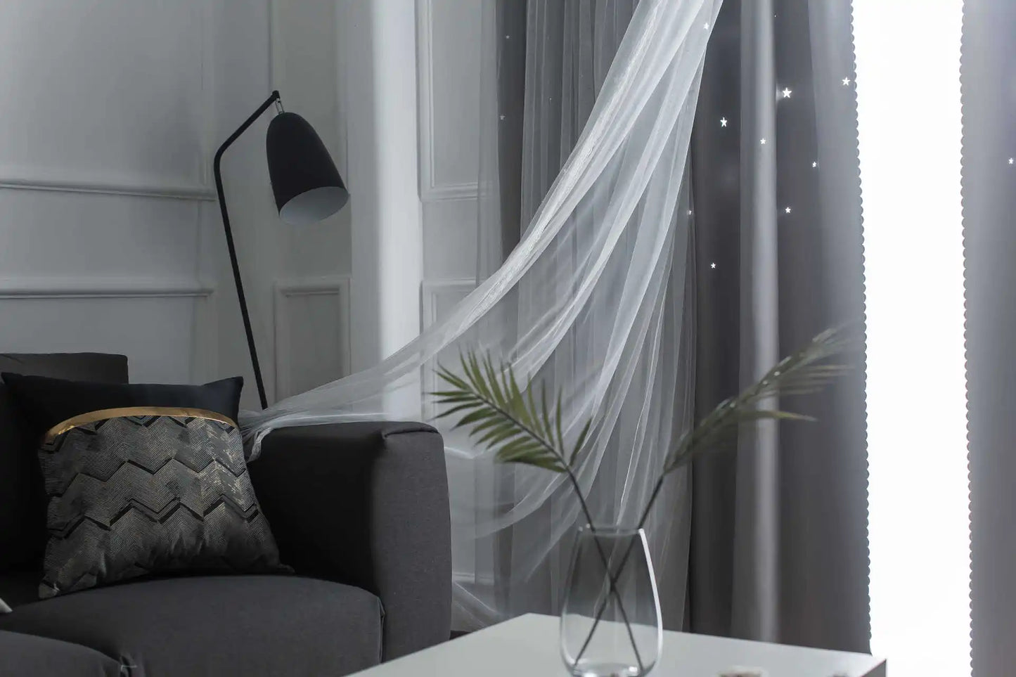 Custom Made Bright Double Layer Blackout Star Hollow Curtains with Lace Tulle Fabric for Home Living Room Bedroom Window Decor
