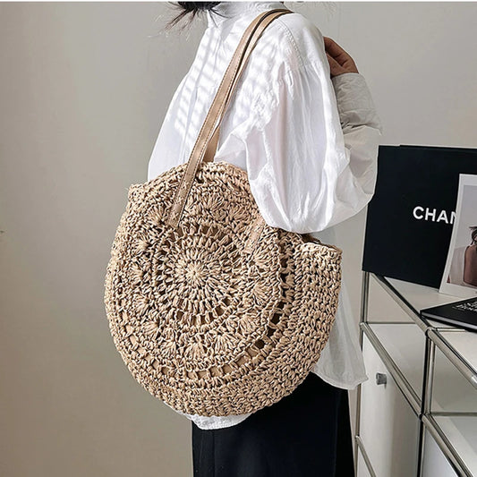 Borsa a tracolla da spiaggia tessuta per le vacanze da donna in paglia rotonda estiva Borsa tote semplice scavata di grande capacità