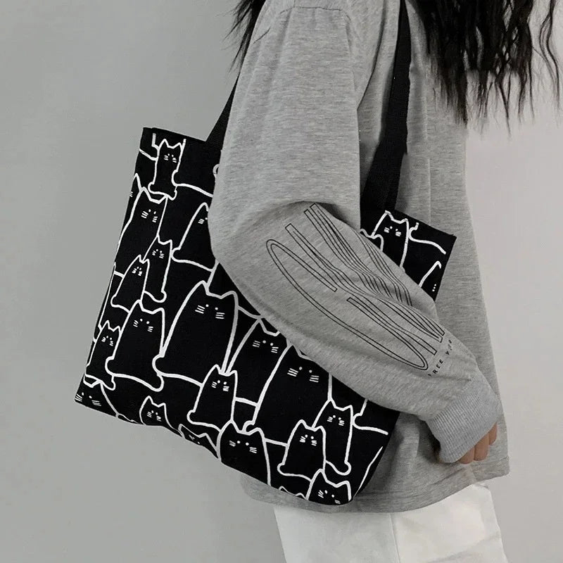 Süße Katze Shopper Handtaschen Schulter Mode Leinwand Casual Shopping Mädchen Frauen Grafik EinkaufstascheJapanische Cartoon Kleine Schulter
