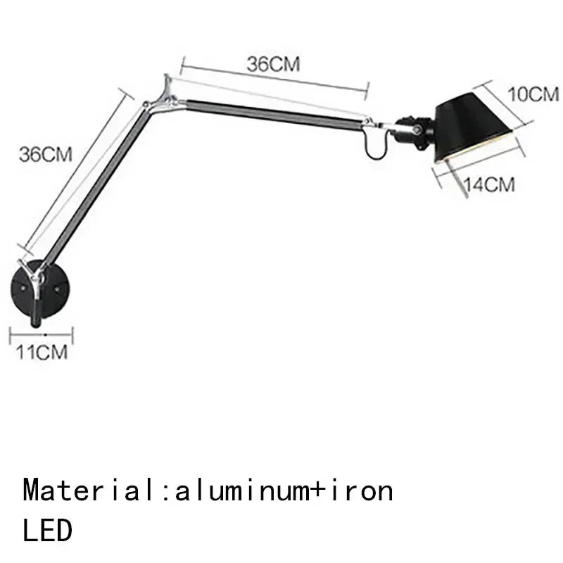 Italian Long Arm LED Wall Lamp Silver Black Metal Bedroom Study Reading Lights E27 Switch Rotatable Adjustable Lighting Decor