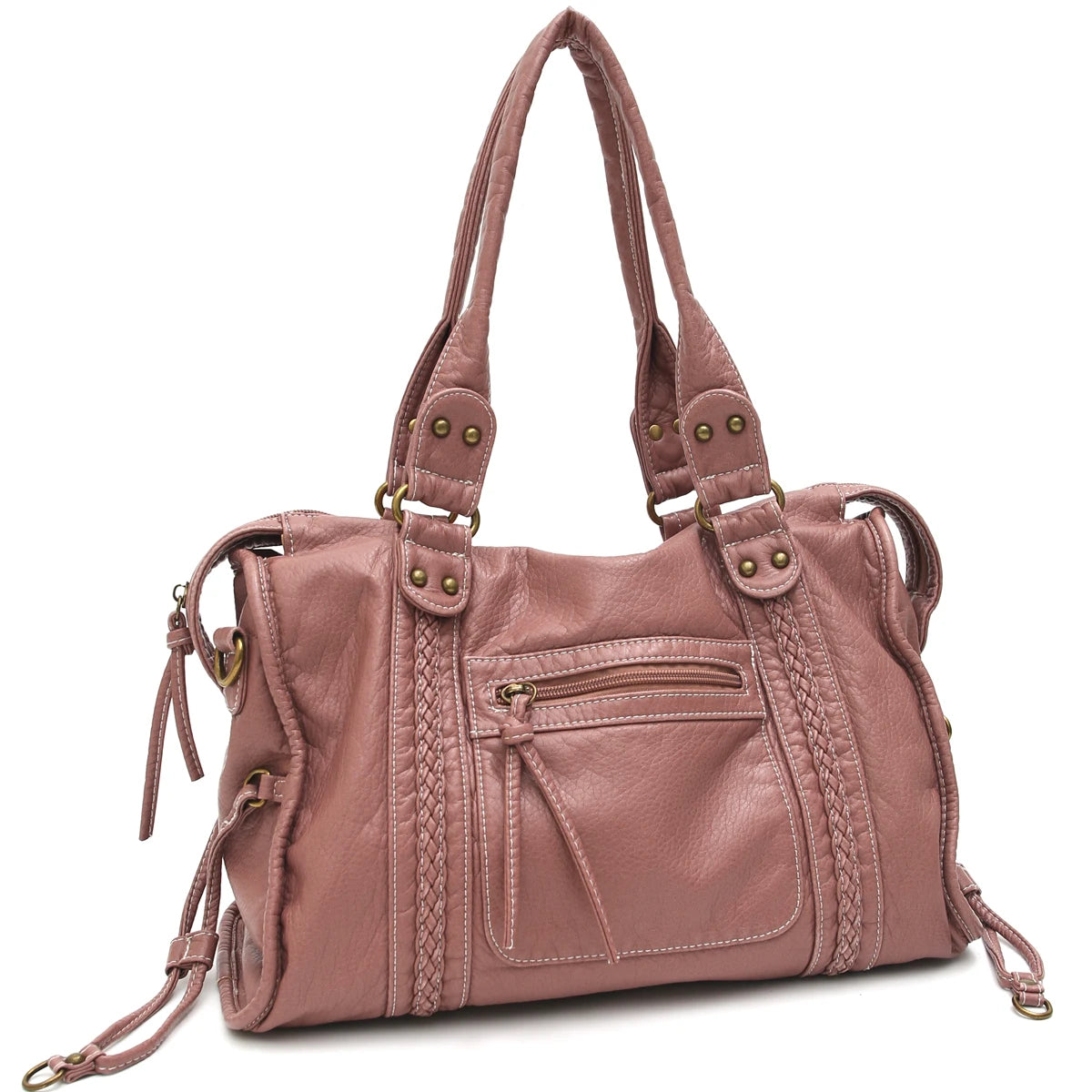 Vintage gewaschenes PU-Leder, große Kapazität, Reißverschlusstaschen, Zopfdekor, Schulter-Umhängetasche, Unisex, Damen, tägliche Reisehandtasche