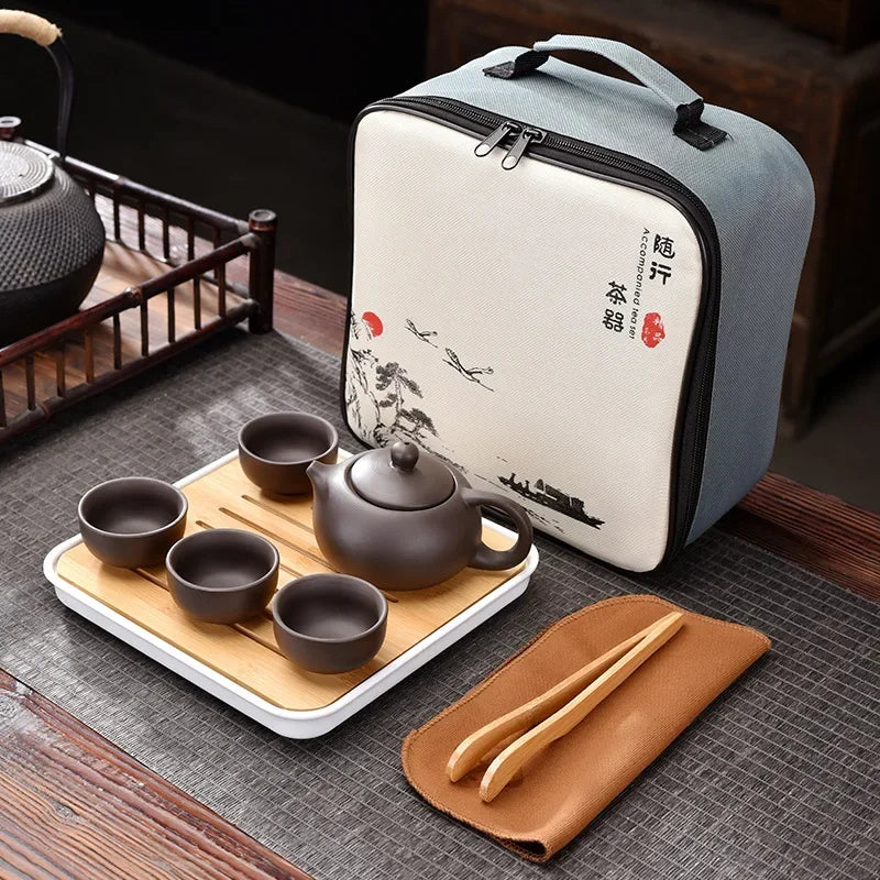 Purple Clay Travel Tea Set Outdoor Portable Kung Fu Tea Set Teas Infuser Teapot Teacup Filter Teas Brewing Utensils Teaware Sets