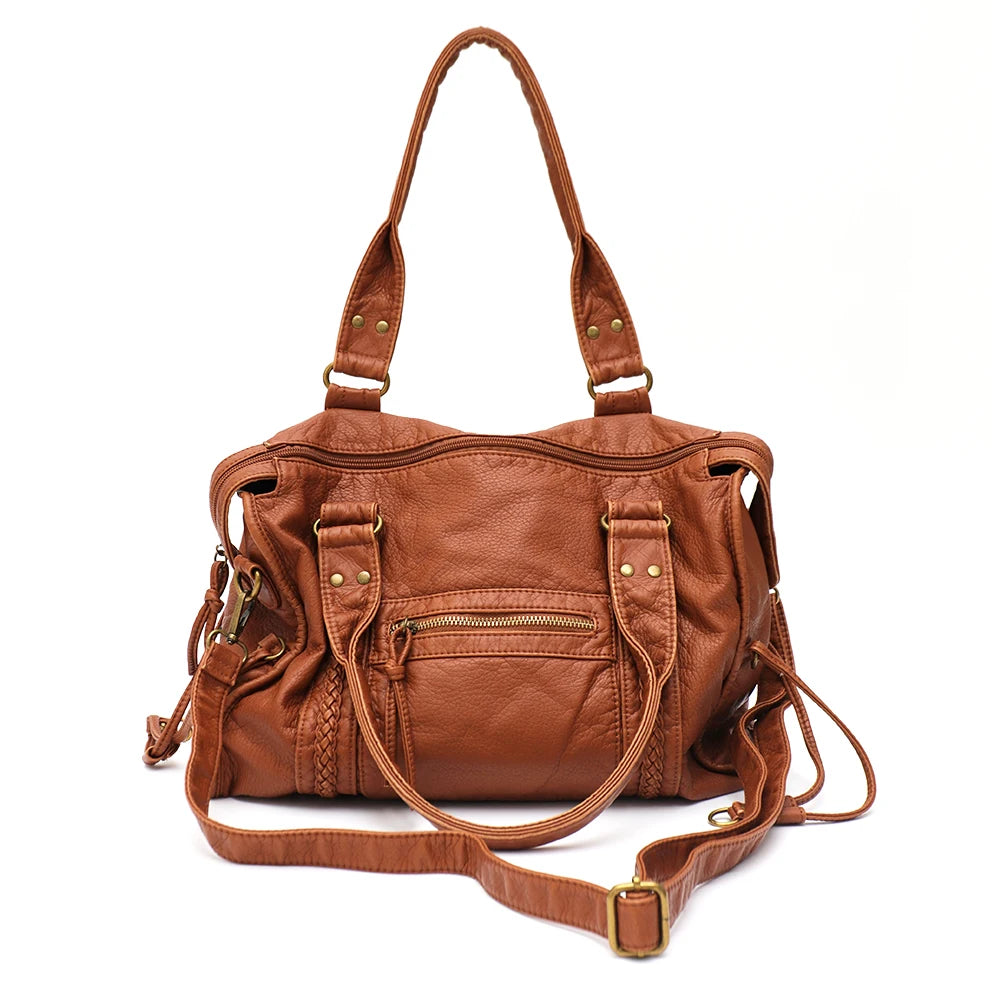Vintage gewaschenes PU-Leder, große Kapazität, Reißverschlusstaschen, Zopfdekor, Schulter-Umhängetasche, Unisex, Damen, tägliche Reisehandtasche
