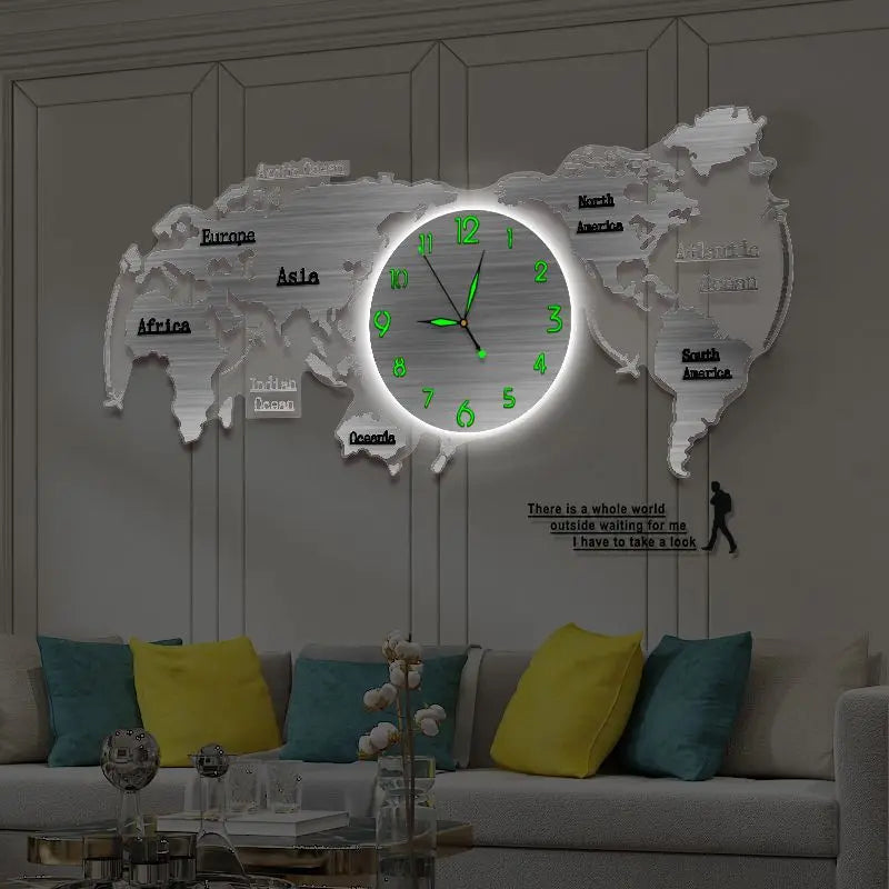 Creative wall clock mirror world map Internet celebrity decoration living room home fashion European silent hanging