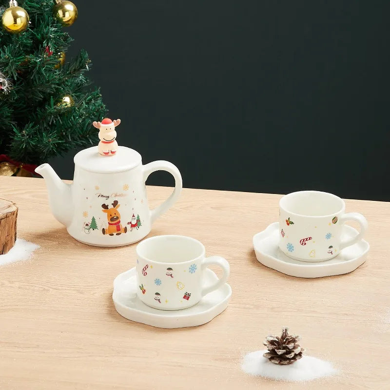 Christmas Ceramics Teaware Sets Coffee Cup & Saucer Santa Claus Elk Snowman Tea Pot and Cup Set Drinkware Xmas Gift 1 Pot 2 Cups