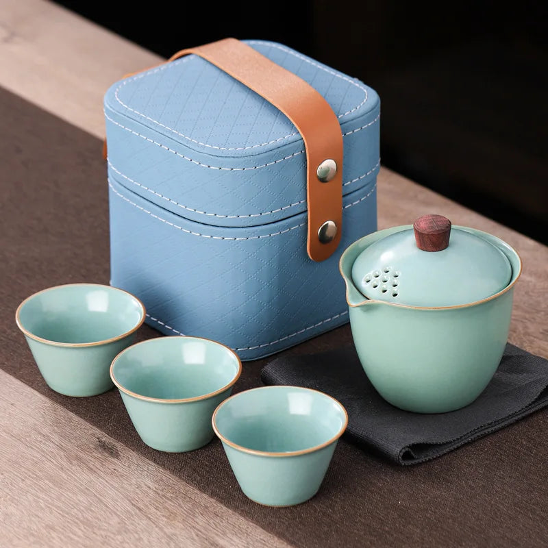 Ru Kiln Travel Tea Set Kuaike Cup Outdoor Portable Kung Fu Tea Set Business Souvenir Gift Set Ceramic Teaware Sets