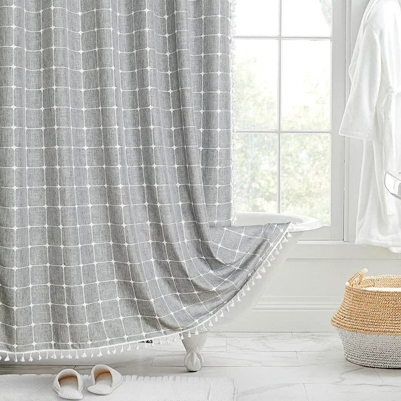 Jacquard Linen Waterproof Shower Curtain Small Fresh Plaid Pastoral Style Bathroom Mildew-proof Bathroom Curtain