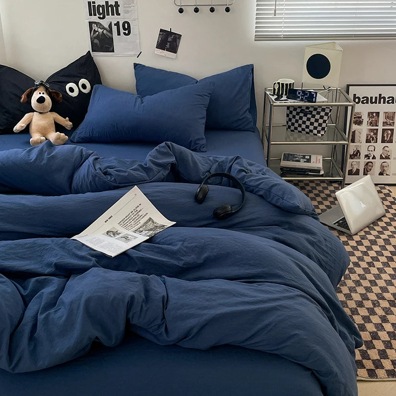 1pc Blue Duvet Cover 150x200 이불커버세트 Washed Cotton Quilt Cover Queen Size Bed Linen for Girls Boys Room (Pillowcase Need Order)