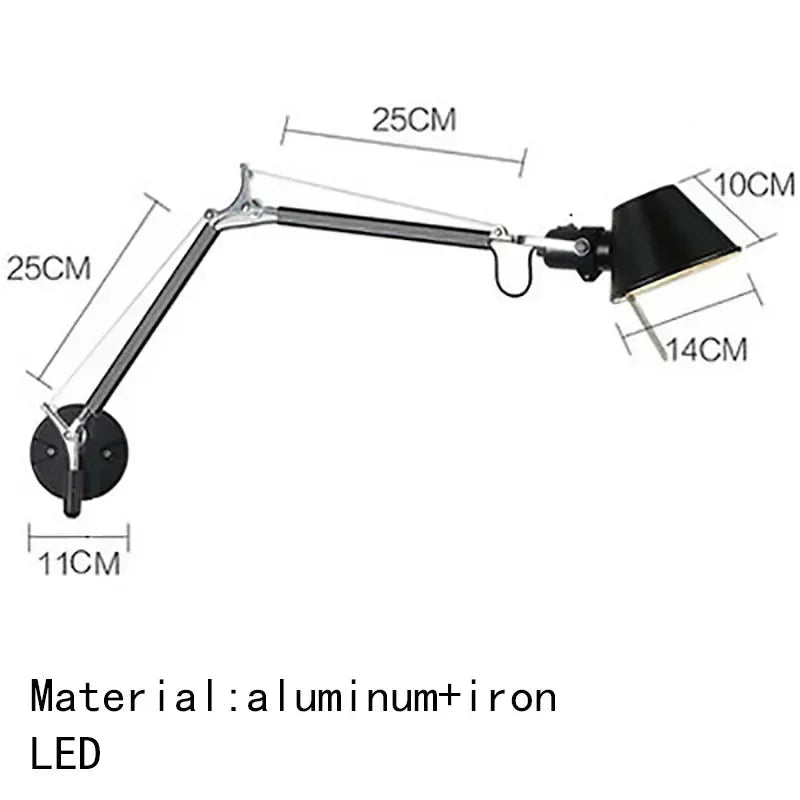 Italian Long Arm LED Wall Lamp Silver Black Metal Bedroom Study Reading Lights E27 Switch Rotatable Adjustable Lighting Decor