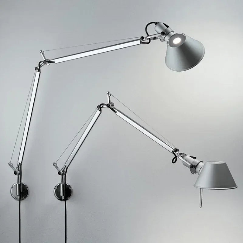 Italian Long Arm LED Wall Lamp Silver Black Metal Bedroom Study Reading Lights E27 Switch Rotatable Adjustable Lighting Decor