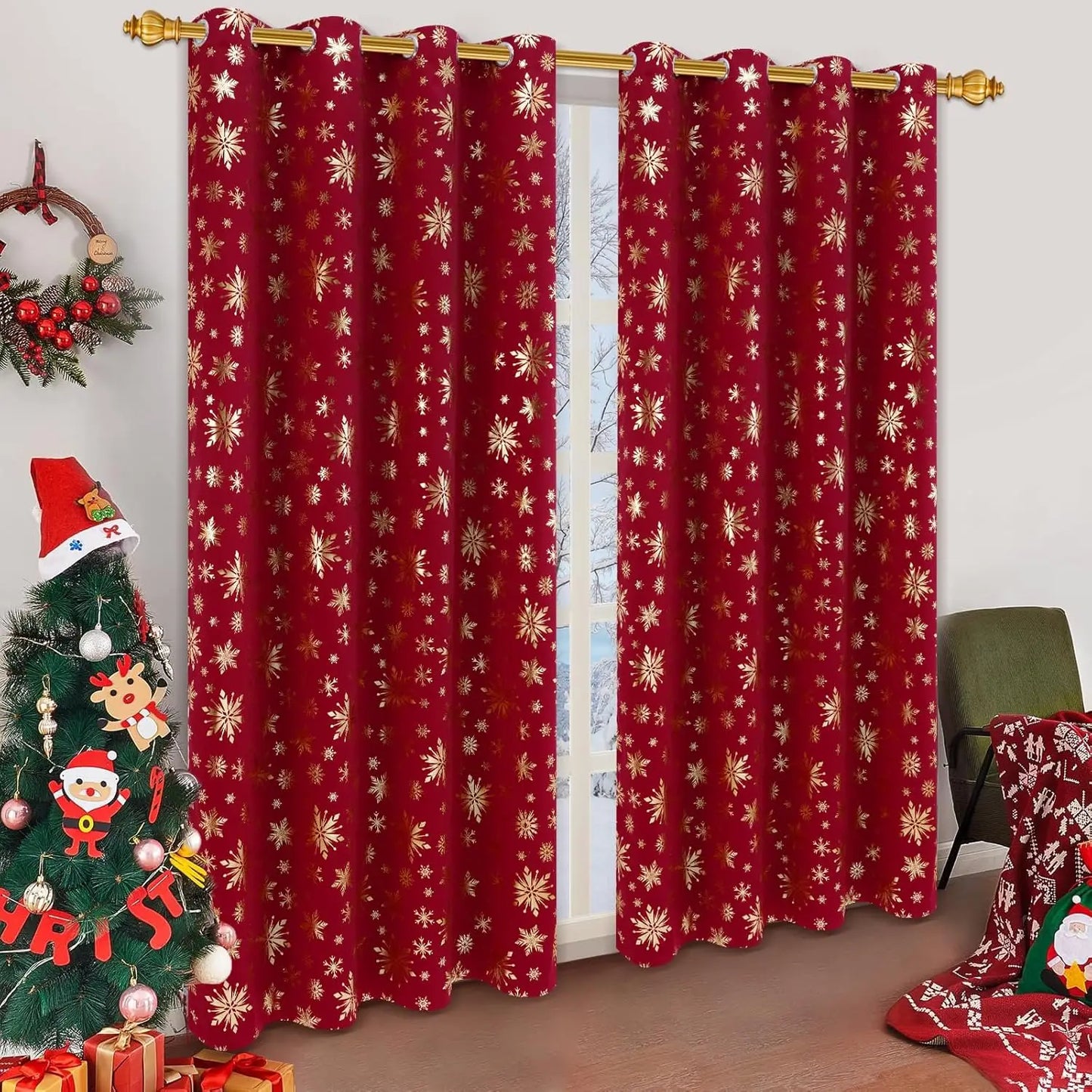 Blackout Christmas Curtains, suitable for living rooms and bedrooms, with gold snowflake foil print.