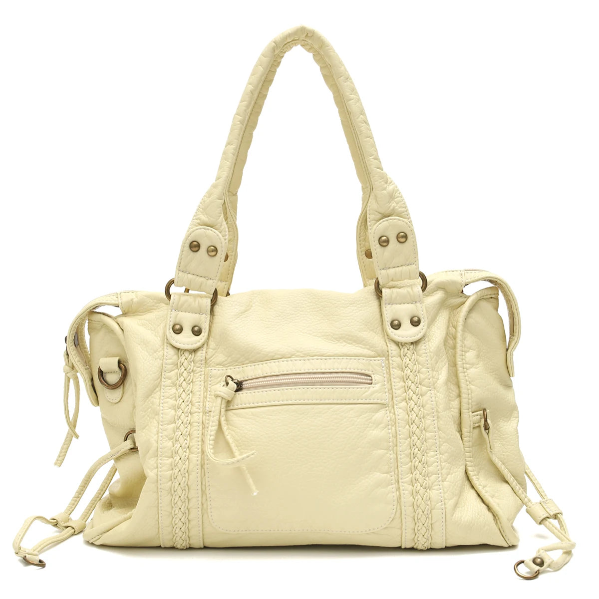 Vintage gewaschenes PU-Leder, große Kapazität, Reißverschlusstaschen, Zopfdekor, Schulter-Umhängetasche, Unisex, Damen, tägliche Reisehandtasche