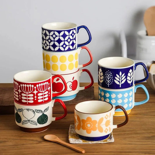 Set di tazze da caffè con fiori giapponesi da 300 ml Set di tazze da caffè in ceramica retrò con latte d'avena, tazza da ufficio con impugnatura per acqua, set da cucina per feste