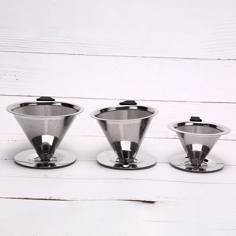 1Pcs Stainless Steel Reusable Coffee Filter Holder Pour Over Mesh Tea Dripper Cup With Base