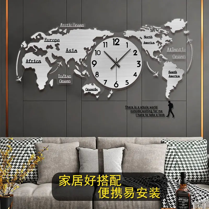 Creative wall clock mirror world map Internet celebrity decoration living room home fashion European silent hanging