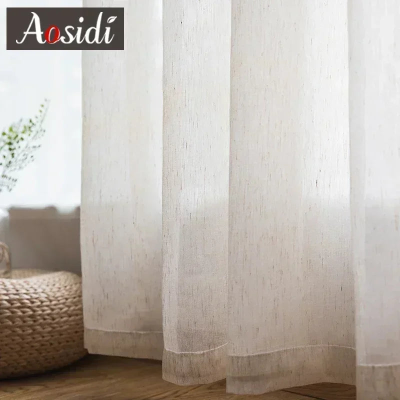 Beige linen look tulle curtains for living room Modern flax sheer curtains for bedroom Solid voile cortina for kids window drape