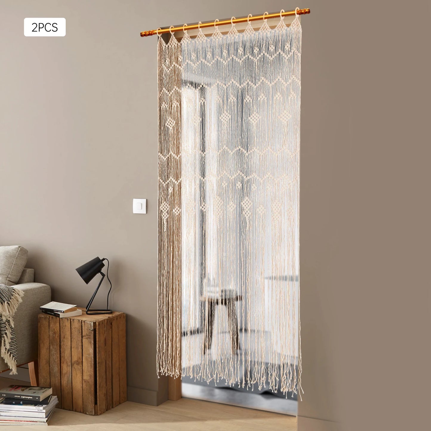 Handwoven Macrame Curtain Set of 2 Boho Room Divider Light Filtering Window Drapes with Wood Rings 39x79 Inch for Home Wedding