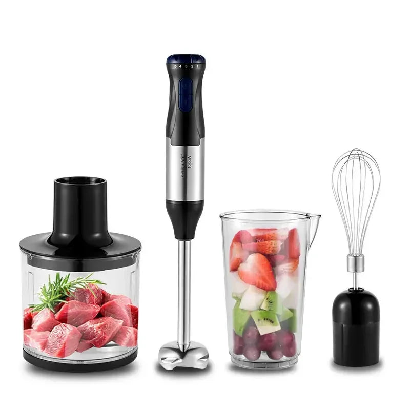 Frullatore ad immersione portatile 4 in 1, 1000 W Miscelatore elettrico in acciaio a 5 velocità Gadget da cucina per alimenti per bambini, zuppe, carne macinata