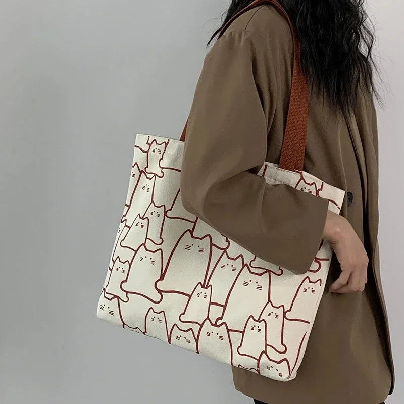 Süße Katze Shopper Handtaschen Schulter Mode Leinwand Casual Shopping Mädchen Frauen Grafik EinkaufstascheJapanische Cartoon Kleine Schulter