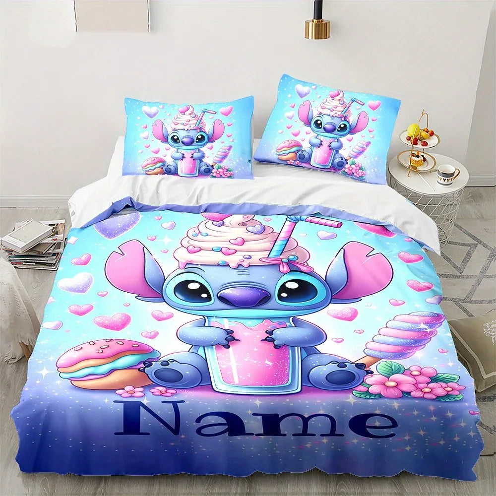 Custom Name Stitch Cartoon Duvet Cover Set 1 Duvet Cover & 2 Pillowcases (No Insert) Personalized Bedding Set for Women Teens