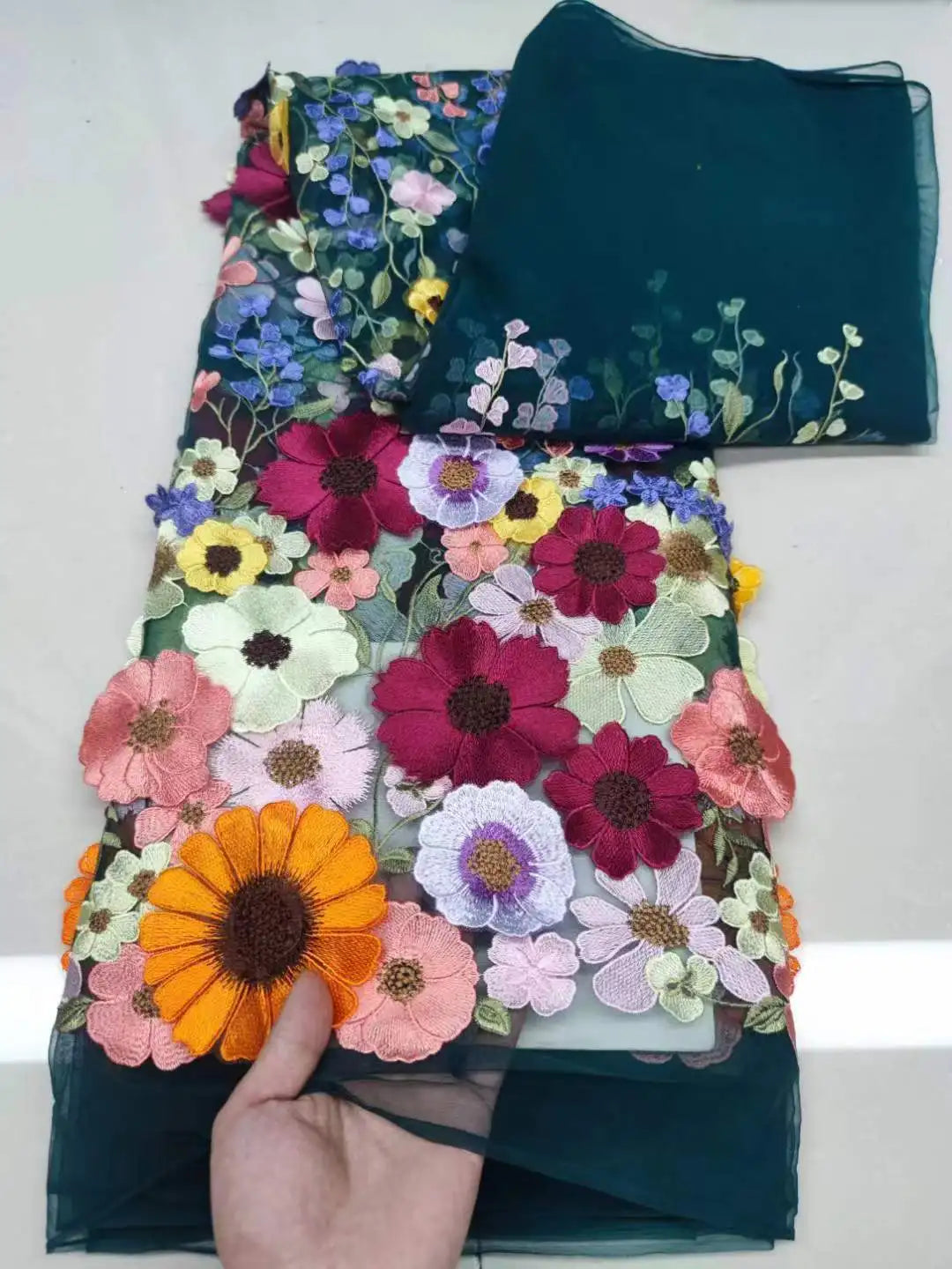 Colorful 3D Flower Lace Fabric DIY Wedding Dress Luxury Latest Three - dimensional sunflower floating soft mesh embroidery lace