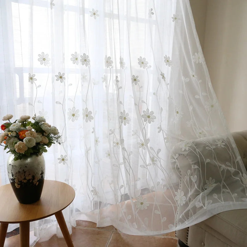 Luxury Floral Embroidered Sheer Curtain for Living Room White Voile Curtain Panel Window Drapery for Bedroom Sliding Glass Door