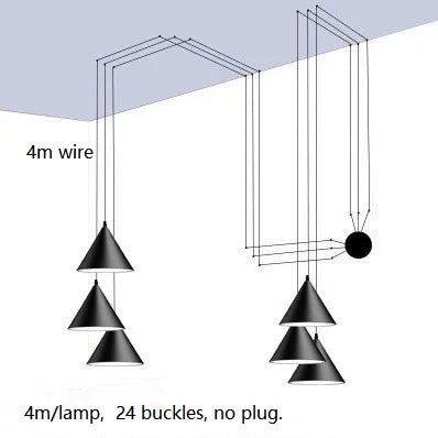 Modern Black Metal Long Wire Cone Shape Pendant Lamp Kitchen Island LED Vintage Hanging Lamp Bedside Suspension Lighting