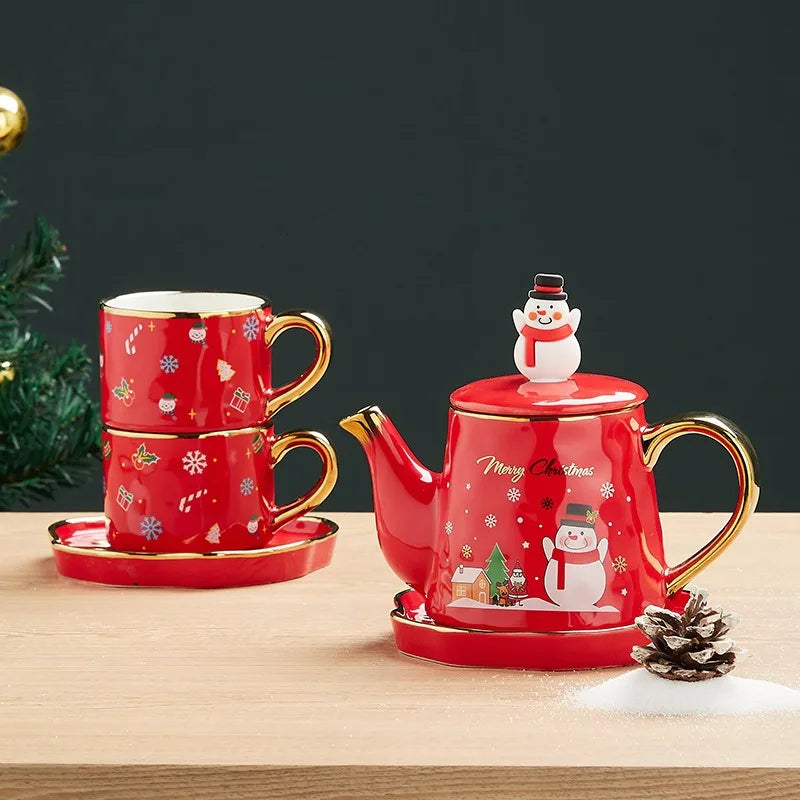 Christmas Ceramics Teaware Sets Coffee Cup & Saucer Santa Claus Elk Snowman Tea Pot and Cup Set Drinkware Xmas Gift 1 Pot 2 Cups