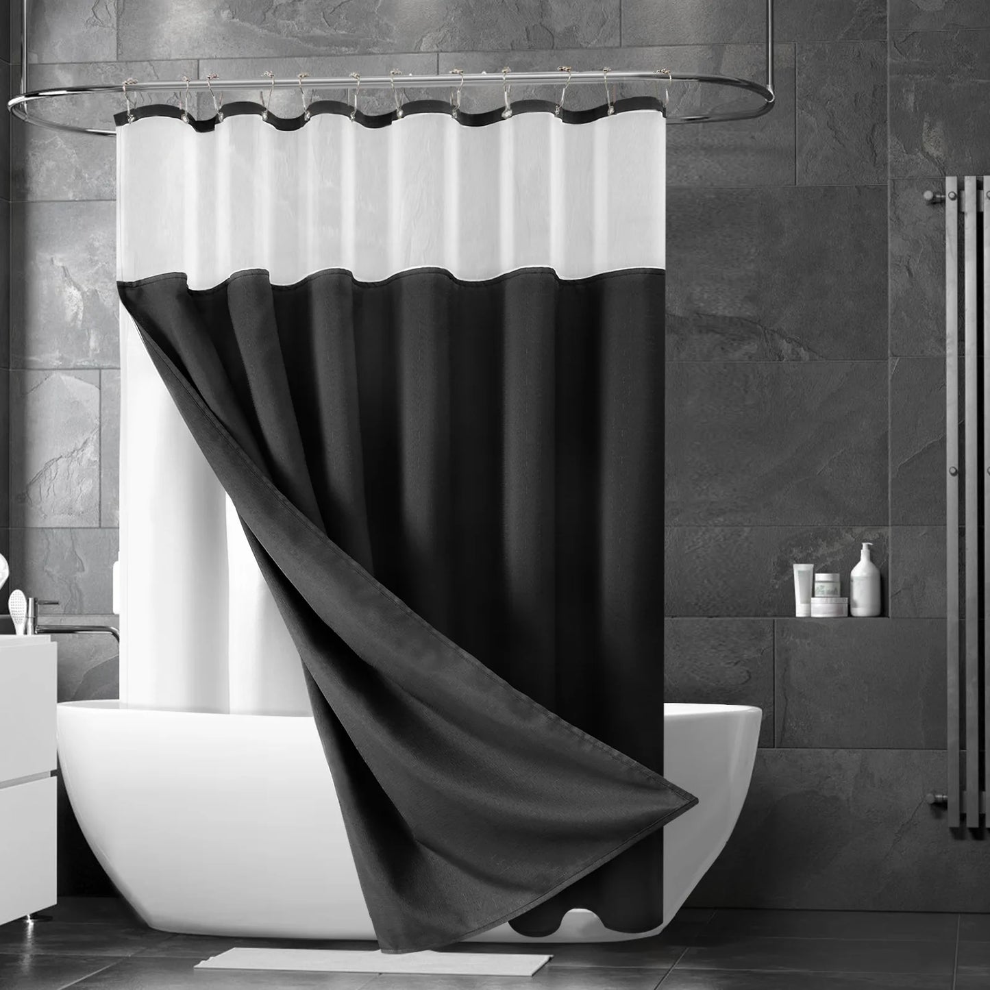 Double Layer Shower Curtain Waterproof Linen Bath Curtain Liner for Bathroom Bathtub Bathing Cover with Silver Metal Hooks
