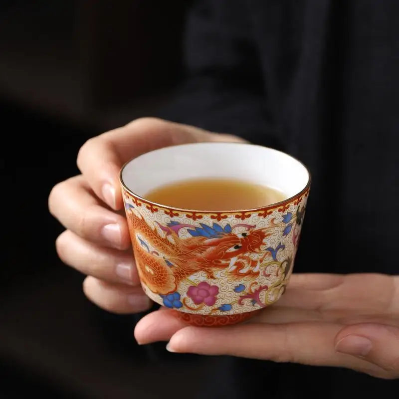Jingdezhen Chinese Style Ancient Enamel Color Tea Cup Tea Cup Master Cup Dragon and Phoenix Pair Cup Kung Fu Sample Tea Cup Set