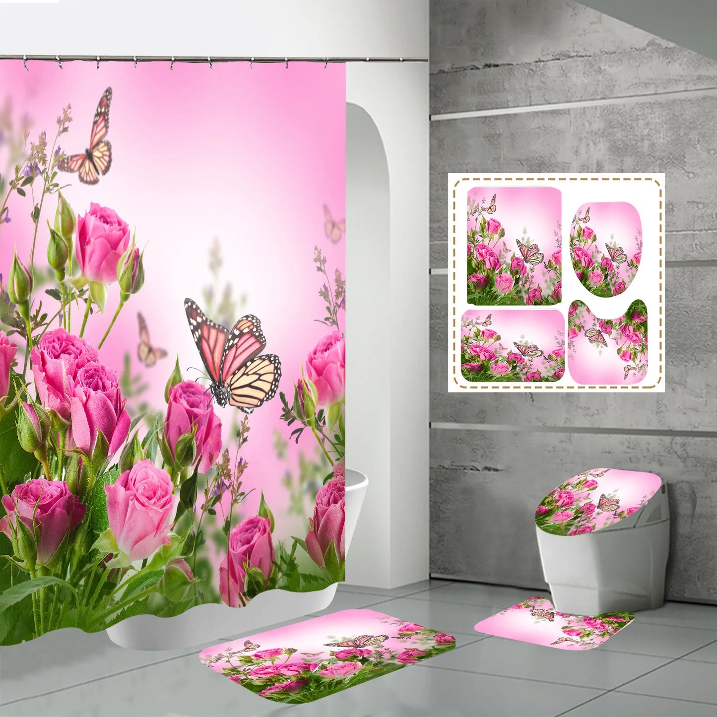 3D Digital Printing Flowers Shower Curtain Waterproof Polyester Bathroom Curtains Colorful Shower Curtain Set Bath Mats Rugs