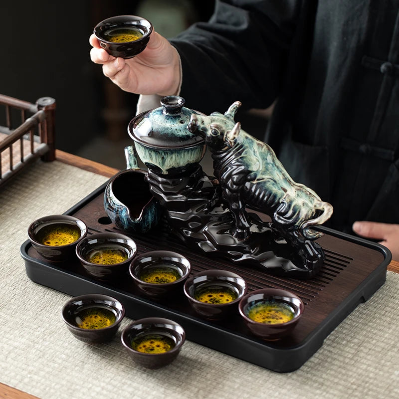 1 set of creative lazy tea set, semi-automatic cow teapot, magnetic rotating water guide, Chinese Kung Fu tea set