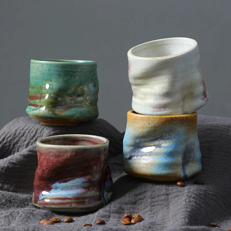 Stoneware Espresso Cups Vintage Hand-pinched Pleated Latte Art Cups Second-hand Ceramic Niche Design Afternoon Tea Cups