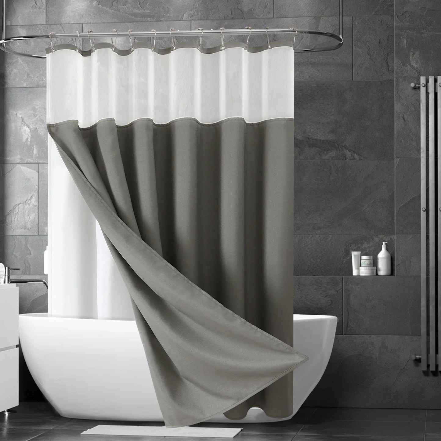 Double Layer Shower Curtain Waterproof Linen Bath Curtain Liner for Bathroom Bathtub Bathing Cover with Silver Metal Hooks