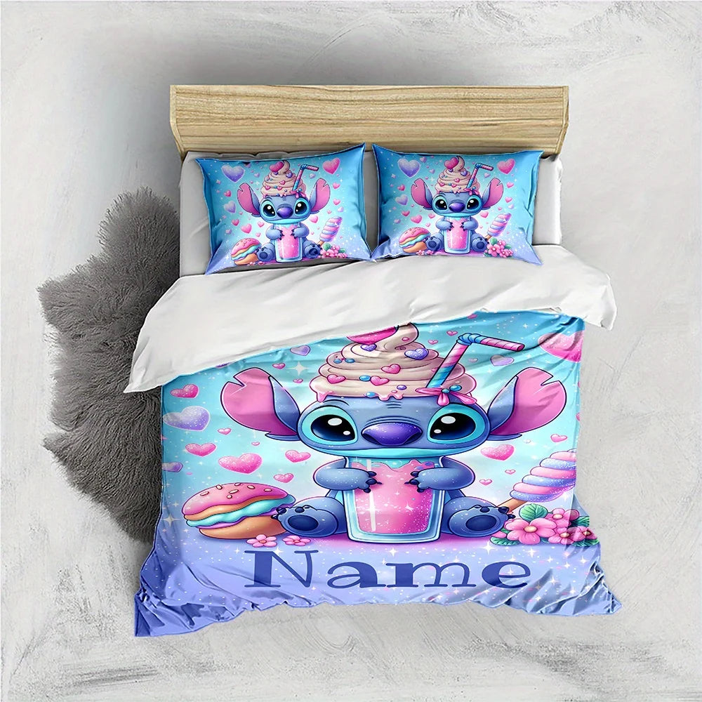 Custom Name Stitch Cartoon Duvet Cover Set 1 Duvet Cover & 2 Pillowcases (No Insert) Personalized Bedding Set for Women Teens