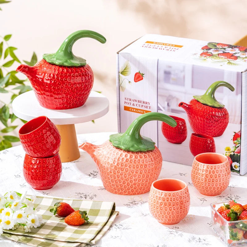 European Red Strawberry Teapot Set Ceramic Breakfast Milk Mug Exquisite Afternoon Tea Set Kettle with Gift Box Birthday Gifts