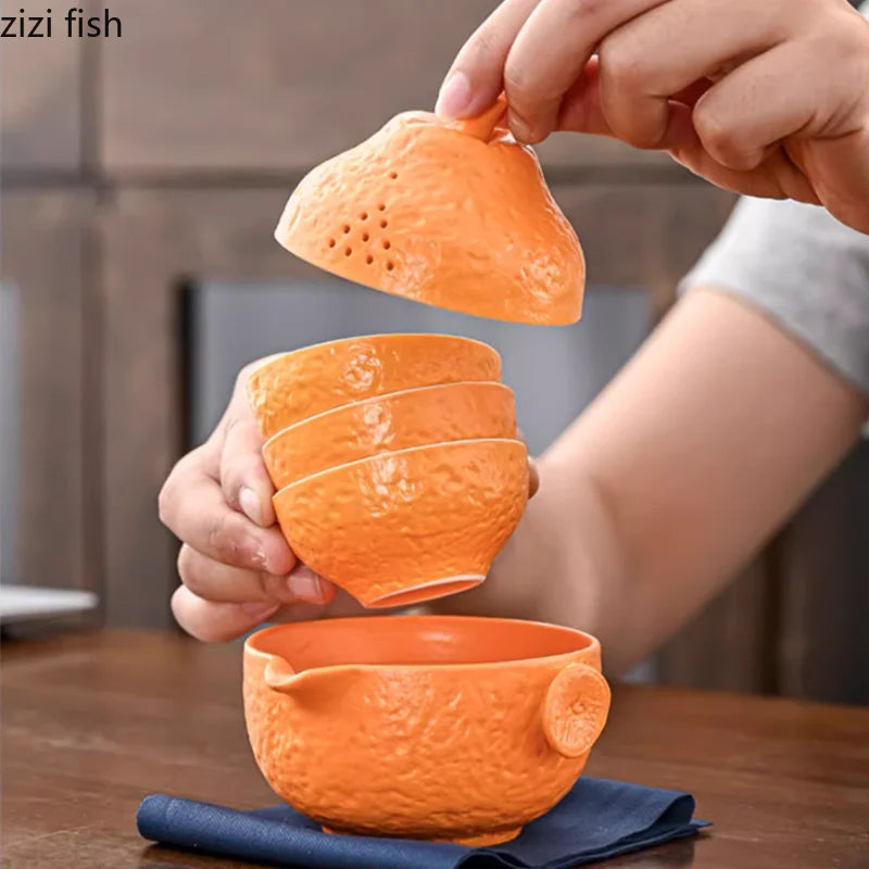 Orange Shaped Travel Tea Set Outdoor Portable Teaware Sets Storage Bag Tea Infuser Teapot Teacup Teas Brewing Utensils