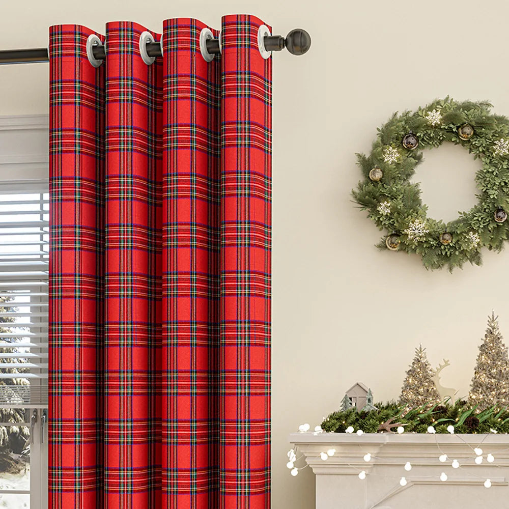 Classic Christmas Plaid Pom Pom Curtains Semi-Blackout for Balcony/Bay Window American Style Decor