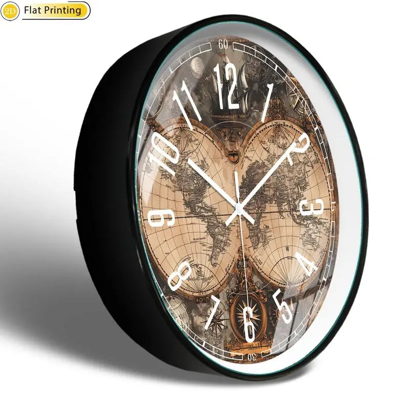 Wooden Silent Wall Clock Vintage world map compasses Quartz Round Analog Clock for Home Office Idea Holiday Gifts