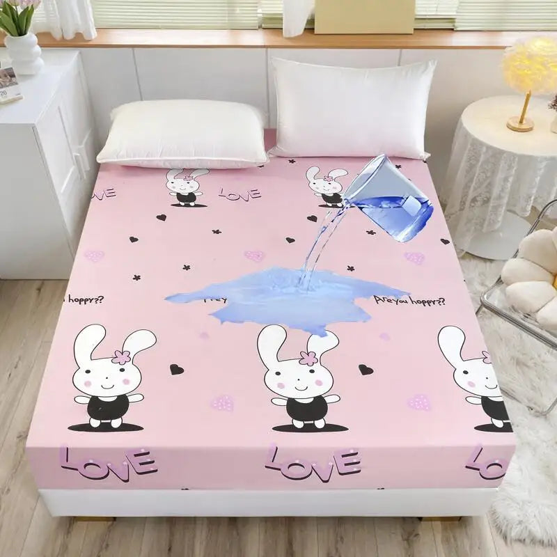 Kuup-Polyester 360° waterproof Cartoon Fitted Sheet Only(no pillowcase) Elastic Band Around Mattress Cover King Size Bed Cover