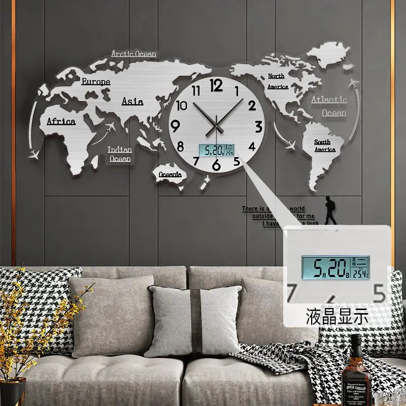 Creative wall clock mirror world map Internet celebrity decoration living room home fashion European silent hanging