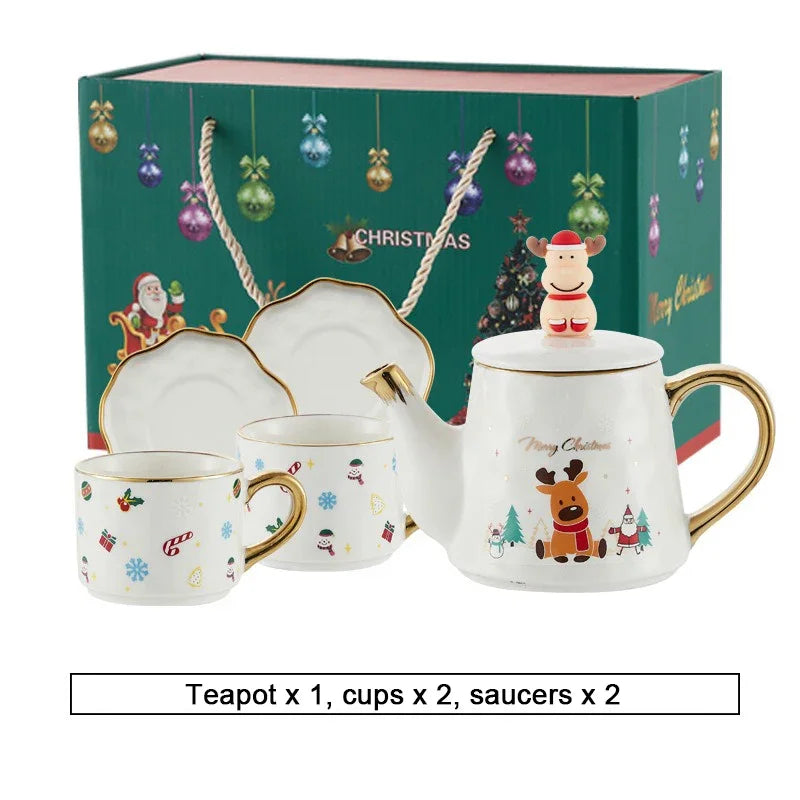 Christmas Ceramics Teaware Sets Coffee Cup & Saucer Santa Claus Elk Snowman Tea Pot and Cup Set Drinkware Xmas Gift 1 Pot 2 Cups
